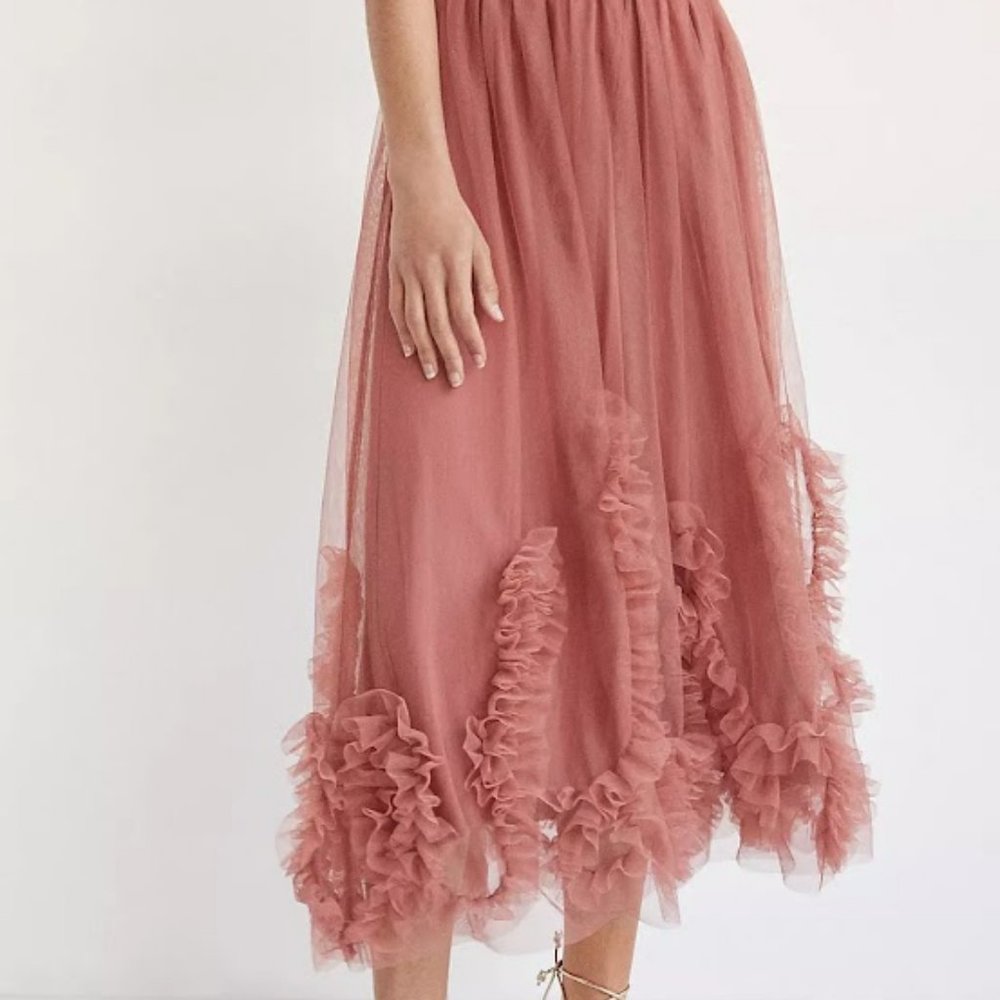 Anthropologie Pink / Rose / Mauve / Blush Felicity Ruffled Tulle Midi Skirt Sz L